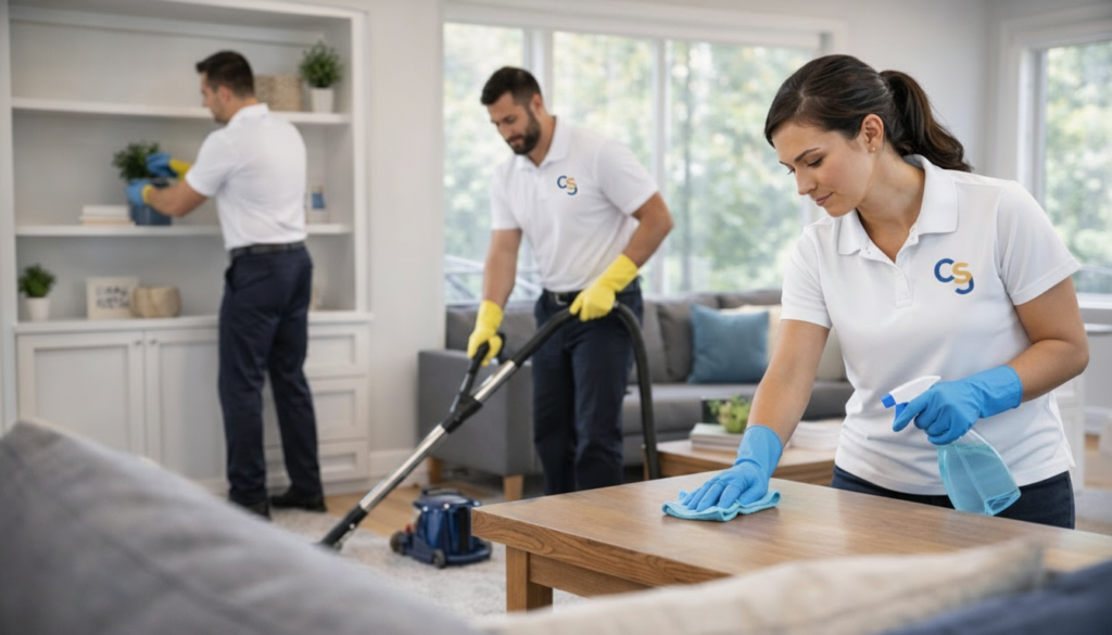 Cleaners At Work In Modern Living Room
